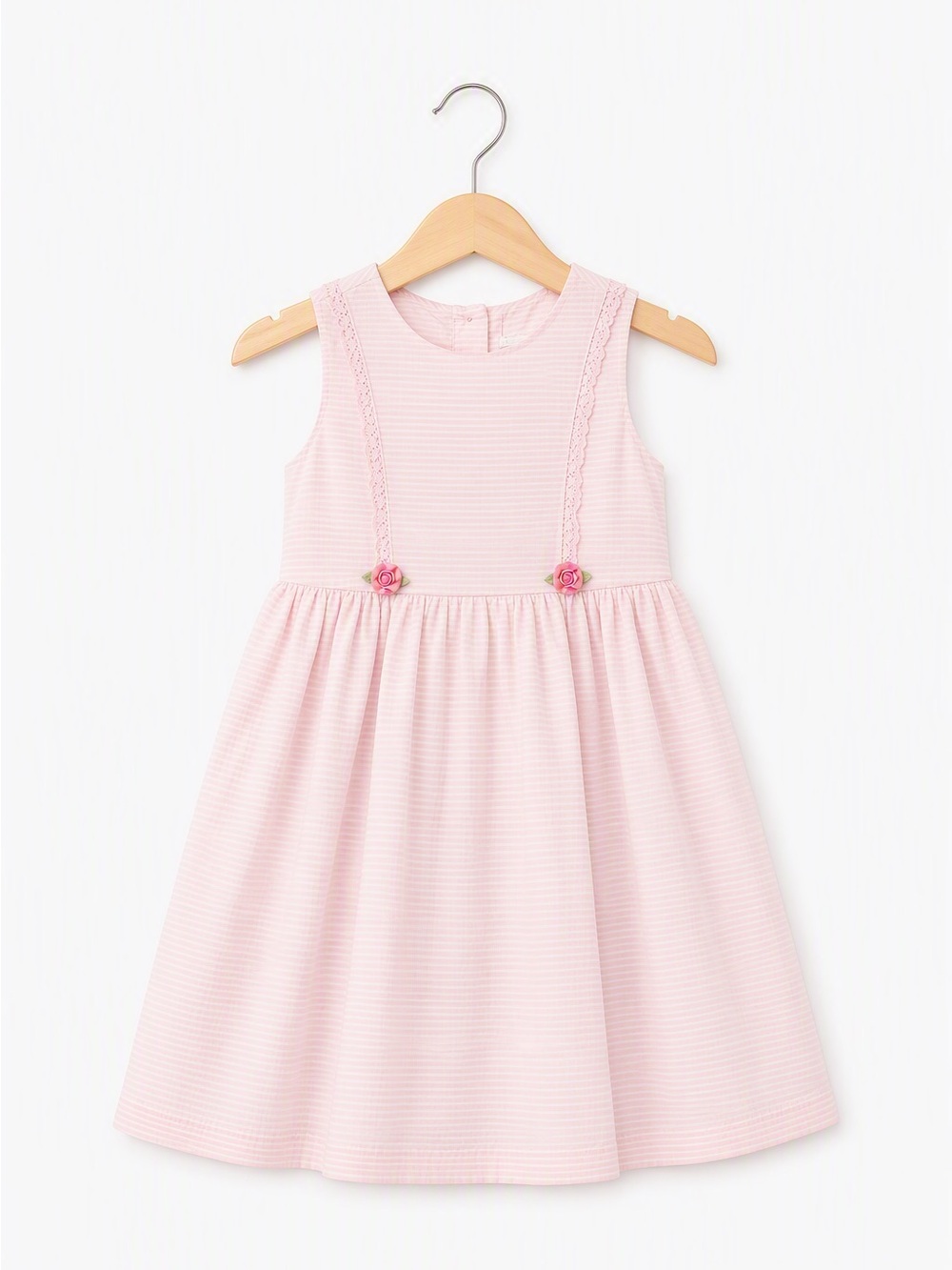 Vintage Polly Flinders Pink Seersucker Striped Dress Lace Rosettes 2T Coquette